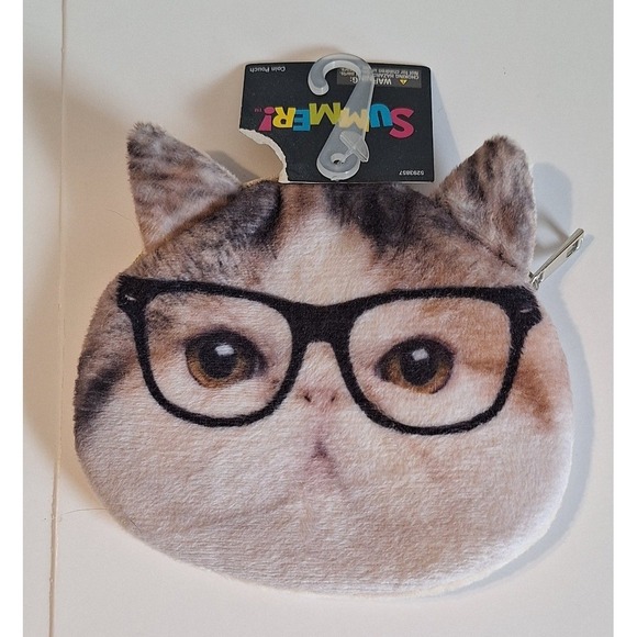 Hobby Lobby Handbags - Summer! Cat with Glasses Plush Coin Pouch Novelty Zipper Purse HL9139069 New